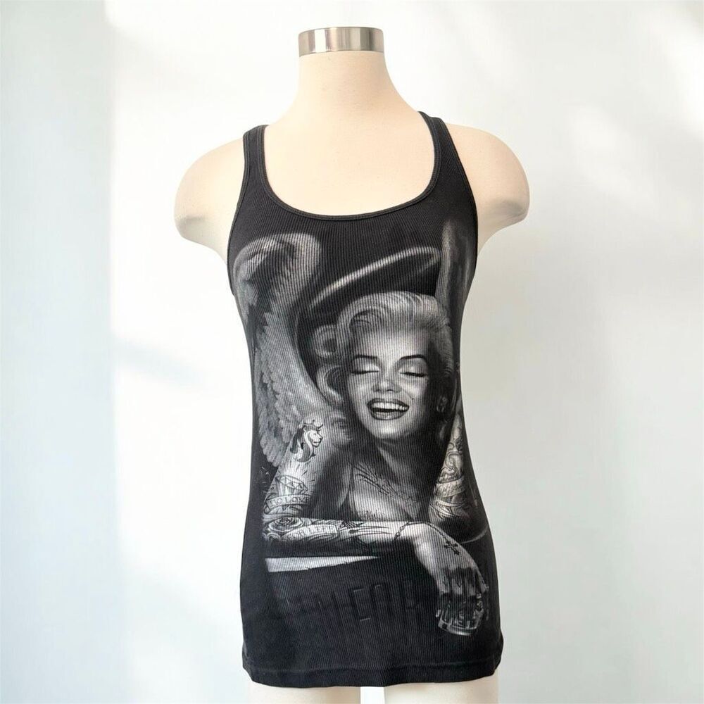 Y2K Marylin Monroe Black Tank Top Ribbed Knit Print Airbrush Large Tattoo